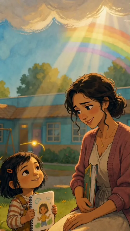 Animated mother and daughter under a rainbow