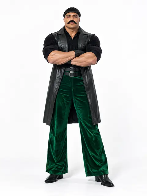 AI character in a leather vest and green pants
