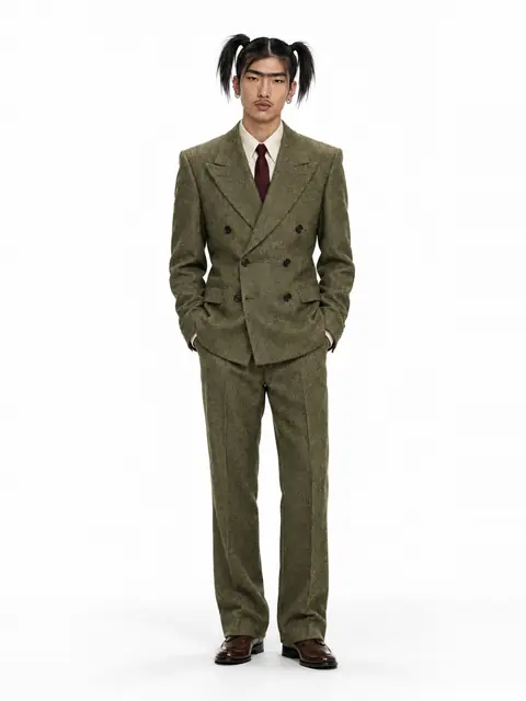 AI character with dark pigtails and an olive suit
