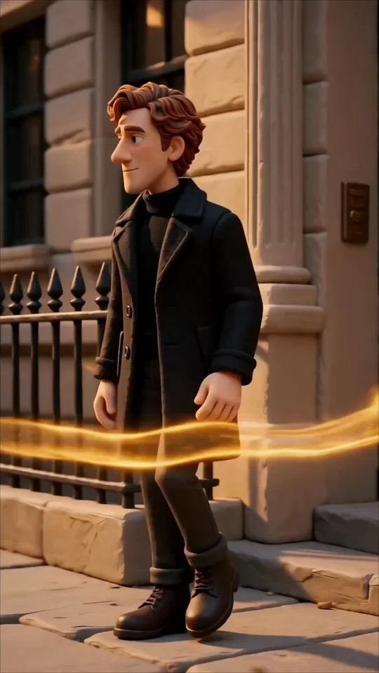 Claymation character walking along a street at sunset