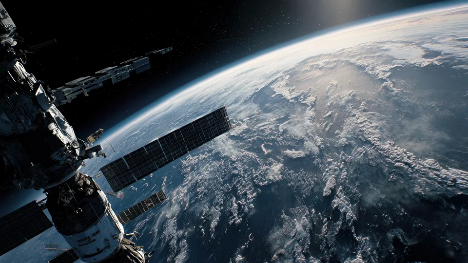 Space station above an ice-covered Earth